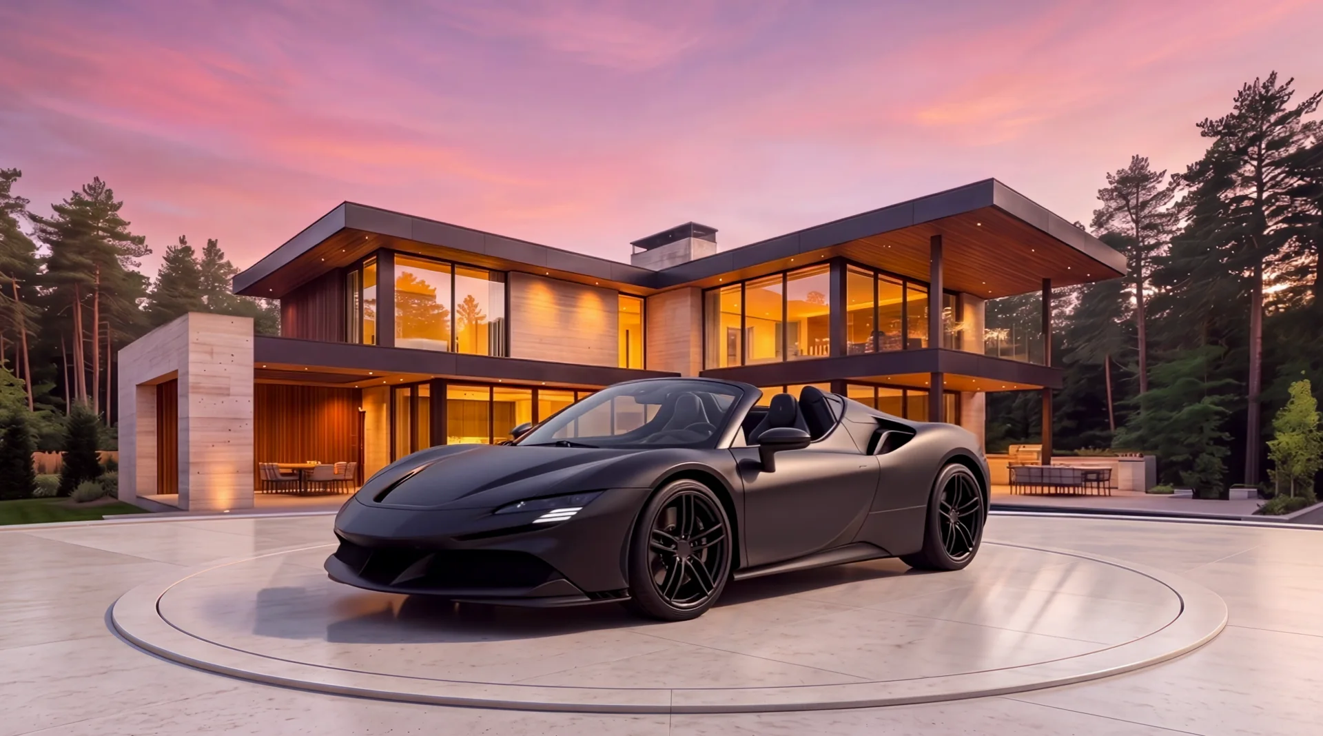 Concept supercar on a showroom platform in front of a modern villa at sunset