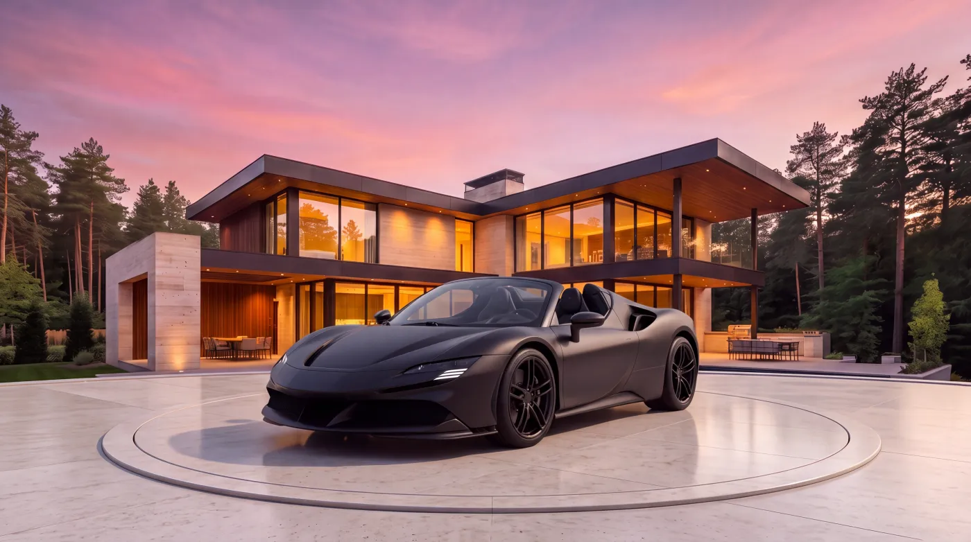 Concept supercar, front three-quarter view in front of the villa