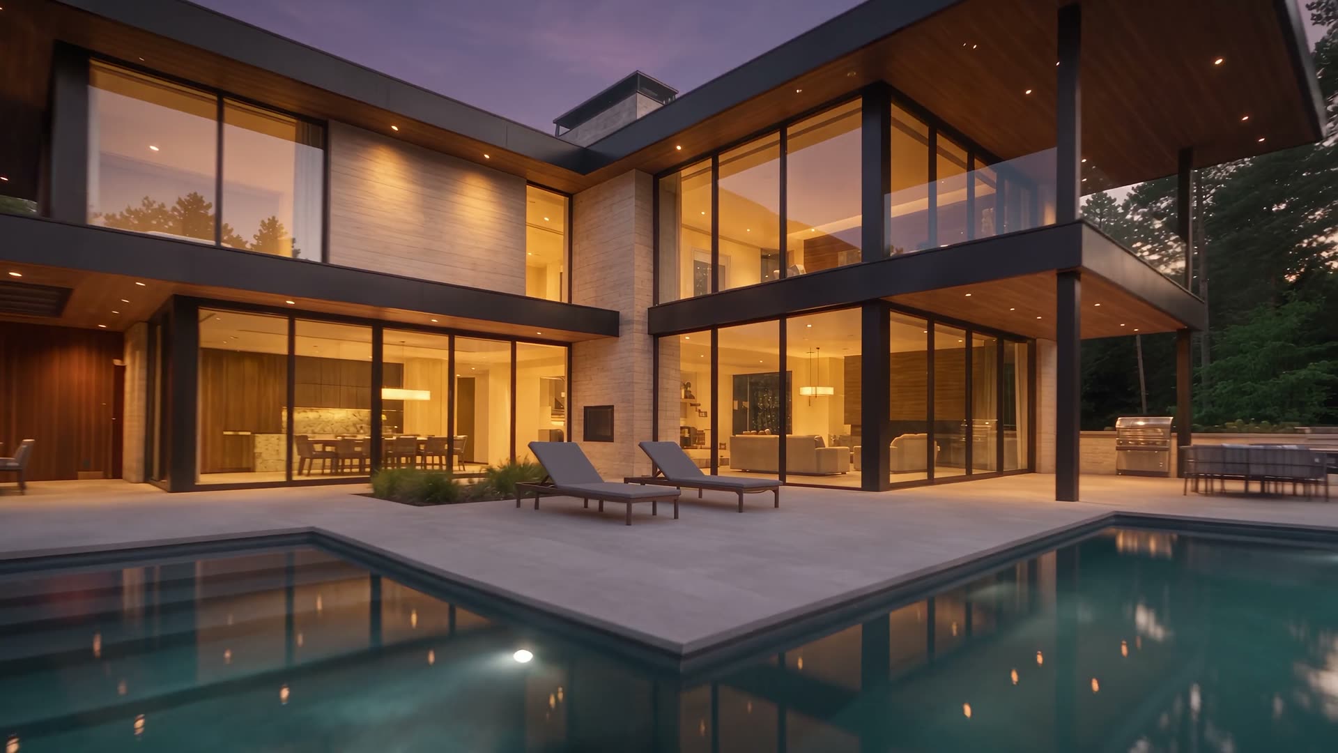 Modern villa with an infinity pool at dusk